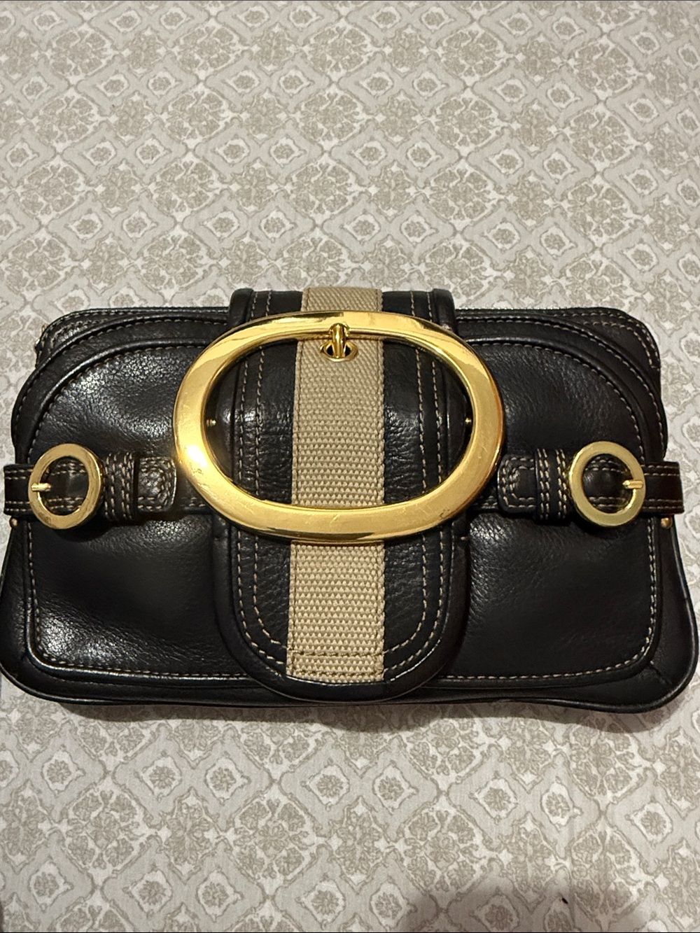 Juicy Couture Black Leather Clutch with Beige Stripe and Gold Hardware